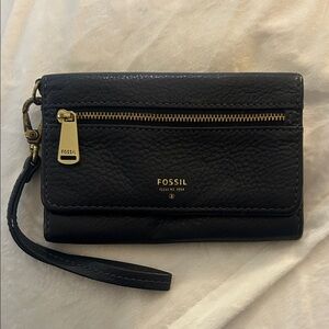 Fossil Navy Leather Wallet Wristlet with Gold Hardware